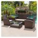 LeCeleBee 4 Piece Rattan Patio Conversation Set Outdoor Wicker Furniture with Glass Top Coffee Table and Chairs with Armrests Removable Cushions - Brown