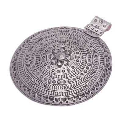 Tribal Charm,'Oxidized 950 Silver Circular Pendant with Thai Tribal Motifs'