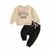 Elainilye Fashion Baby Girls Boys Cotton Sweatsuit Winter Crew Neck Tank Top Sets Long Sleeve Letter Print Casual Sweater Trousers Set Beige