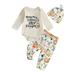 Bmnmsl Girl Halloween Letter Print Long Sleeve Romper Pumpkin Pants Knot Hat