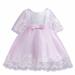 AherBiu Girls Party Dress Chiffon Mesh Bow Waist Crew Neck Embroidery Ruffle Bubble Midi Dress