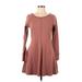 Hem & Thread Casual Dress - Mini Scoop Neck Long sleeves: Brown Solid Dresses - Women's Size Medium