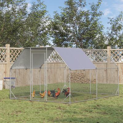 PawHut Large Chicken Coop Metal Chicken Run with Waterproof and Anti-UV Cover, Flat Shaped Walk in Fence Cage Hen House