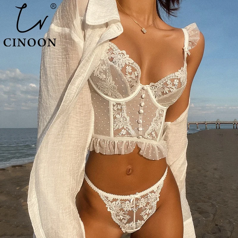 CINOON Lingerie française ensemble de sous-vêtements Sexy pour femmes soutien-gorge Push Up dentelle soutien-gorge Transparent culotte ensembles mariage blanc mince sous-vêtements