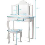 Kids Vanity 2 in 1 White Wooden Dressing Table and Chair Set with Tri-S Mirror Stool Storage Drawer Toddlers Pretend Princess Beauty Playset Toy Gift for Little Girls