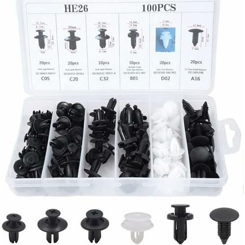 100 Pièces Rivet Clips Plastique Voiture Universel, 6 Taille Clips de Retenue de Voiture Fixations