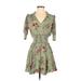 Blue Rain Casual Dress - A-Line V-Neck 3/4 sleeves: Green Floral Dresses - Women's Size Small