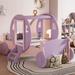 Twin Size Princess Carriage Bed with Crown, Wheels & Stair, Wooden Platform Car Bed Frame for Girls, No Box Spring Needed