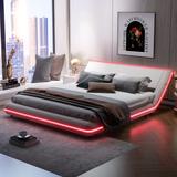 Full or Queen Size Modern Design Upholstery Platform Bed with LED Light, PU Leather Bed Frame with Sloping Headboard
