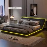Full or Queen Size Modern Design Upholstery Platform Bed with LED Light, PU Leather Bed Frame with Sloping Headboard