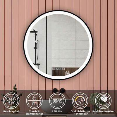80cm Rund Wandspiegel Badspiegel mit beleuchtung Touch-Schalter+Uhr+Beschlagfrei+3 Lichtfarben