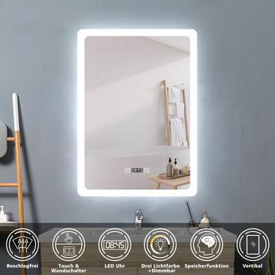 Acezanble - 60 x 80 cm led Spiegel+Beschlagfrei+Uhr+3 Lichtfarben Dimmbar+Farbtemperatur und