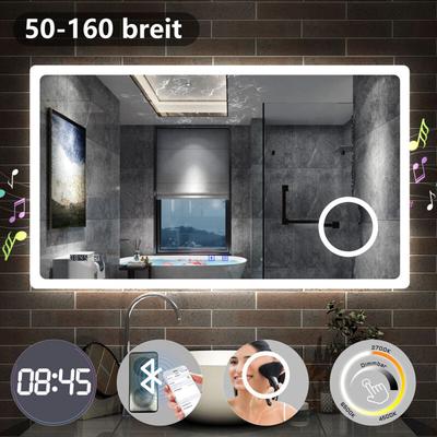 Badezimmerspiegel Touch LED Badspiegel Wandspiegel Beschlagfrei+Uhr+Bluetooth+Kosmetikspiegel+3