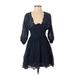 FP One Casual Dress - A-Line Plunge 3/4 sleeves: Blue Print Dresses - Women's Size X-Small