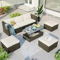 Patio Furniture Sets 5-Piece Patio Wicker Sofa with Adustable Backrest Cushions Ottomans and Lift Top Coffee Table
