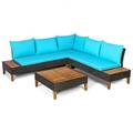 4 Pieces Patio Cushioned Rattan Sofa Coffee Table Furniture Set with Wooden Side Table Lounge Chair Outdoor