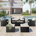 GO 6-piece All-Weather Wicker PE rattan Patio Outdoor Dining Conversation Sectional Set with coffee table wicker sofas ottomans removable cushions (Black wicker Beige cushion)