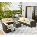 TANGJEAMER 7 Pieces Patio Outdoor Furniture Sets All Weather Wicker Sectional Sofa Couch Lawn Sectional Furniture with Washable Couch Cushions and Black-Glass Table Beige