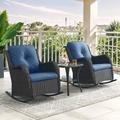 PARKWELL Outdoor Wicker Rocking Chair - 3 Piece Rattan Patio Bistro Set 2 Rocker Chairs and Glass Coffee Side Table - Set of 3 - Blue