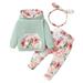 18 Months Baby Girls Clothes 24 Months Girls 3PCS Hoodie Outfits Set Flower Print Toddler Girls Long Sleeve Top Pants Set with Headband Green