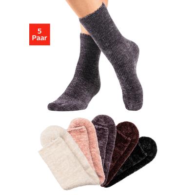 Kuschelsocken LAVANA, Damen, Gr. 35-38, bunt (1x ecru, 1x rose, 1x taupe, 1x braun, 1x schwarz), Obermaterial: 92% Polyester, 6% Polyamid, 2% Elasthan, unifarben, elastisch, Socken, Bettsocken aus weichem, leicht glänzendem Chenillegarn Image