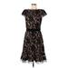 Tadashi Shoji Cocktail Dress - A-Line Crew Neck Short sleeves: Black Print Dresses - Women's Size 8