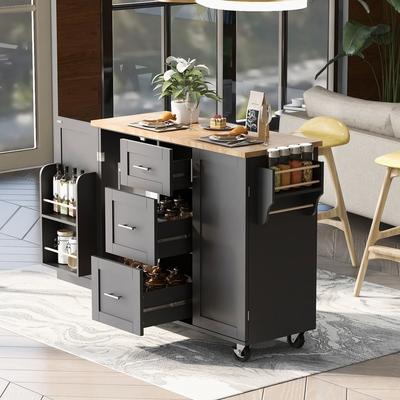 Rolling Kitchen Island with Storage, Rubber Wood Top, 3 Drawer
