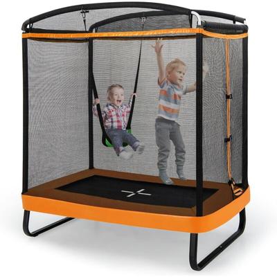 2 in 1 Kindertrampolin mit Schaukel, Gartentrampolin rechteckig mit Sicherheitsnetz &