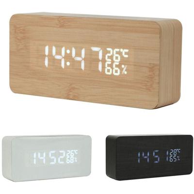 Trade Shop - rechteckiger wecker holzuhr display digitaler alarm led temperatur usb - Image
