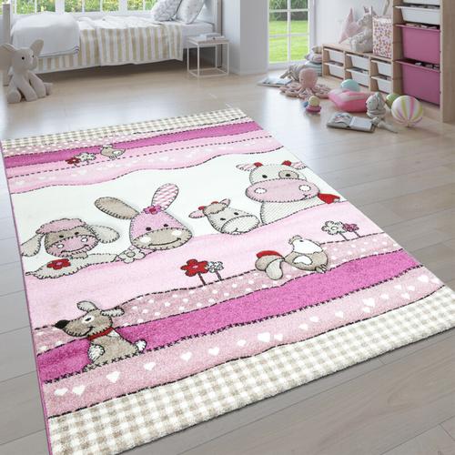 Kinderteppich, Moderner Kinderzimmer Pastell Teppich, Niedliche 3D Tiermotive 120x170 cm, Creme