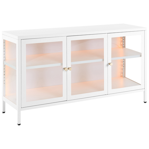 Sideboard Weiß Stahl mit LED Licht Glasfront 35 x 115 x 65 cm mit Griffen 3 Türen 2 Regalböden Wohnzimmer Büro Arbeitszimmer Flur Bad