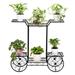 Hassch Flower Cart Metal Plant Stand with 4 Decorative Wheels Garden Cart Iron Flower Display Rack w/ 6 Pots Multi Flower Planter Potted Holder Organizer for Indoor Outdoor Balcony Patio Garden