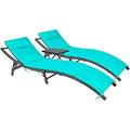 GEROBOOM Patio Chaise Lounge Sets Outdoor Rattan Adjustable Back 3 Pieces Cushioned Patio Folding Chaise Lounge with Folding Table (Blue)