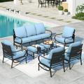 Summit Living 7 Pcs Outdoor Conversation Set Patio Metal Furniture Sofa Set for 9 Person with Blue Cushion