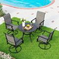 5 Pieces Patio Dining Set Square Black Metal Mesh Table with 4 Padded Textilene High Back Swivel Chairs Outdoor Furniture Set with Umbrella Hole for Garden Poolside Backyard Porch