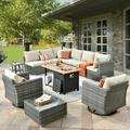 HOOOWOOO Outdoor Furniture Wicker 11-piece Sectional Set with Swivel Rocking Chair and Fire Pit Table Beige