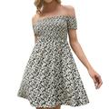 VBARHMQRT Female Glitter Dress Women Cute off Shoulder Print Mini Dress Summer Casual Short Sleeve Swing Dress Black Sparkly Dress Womens Dresses