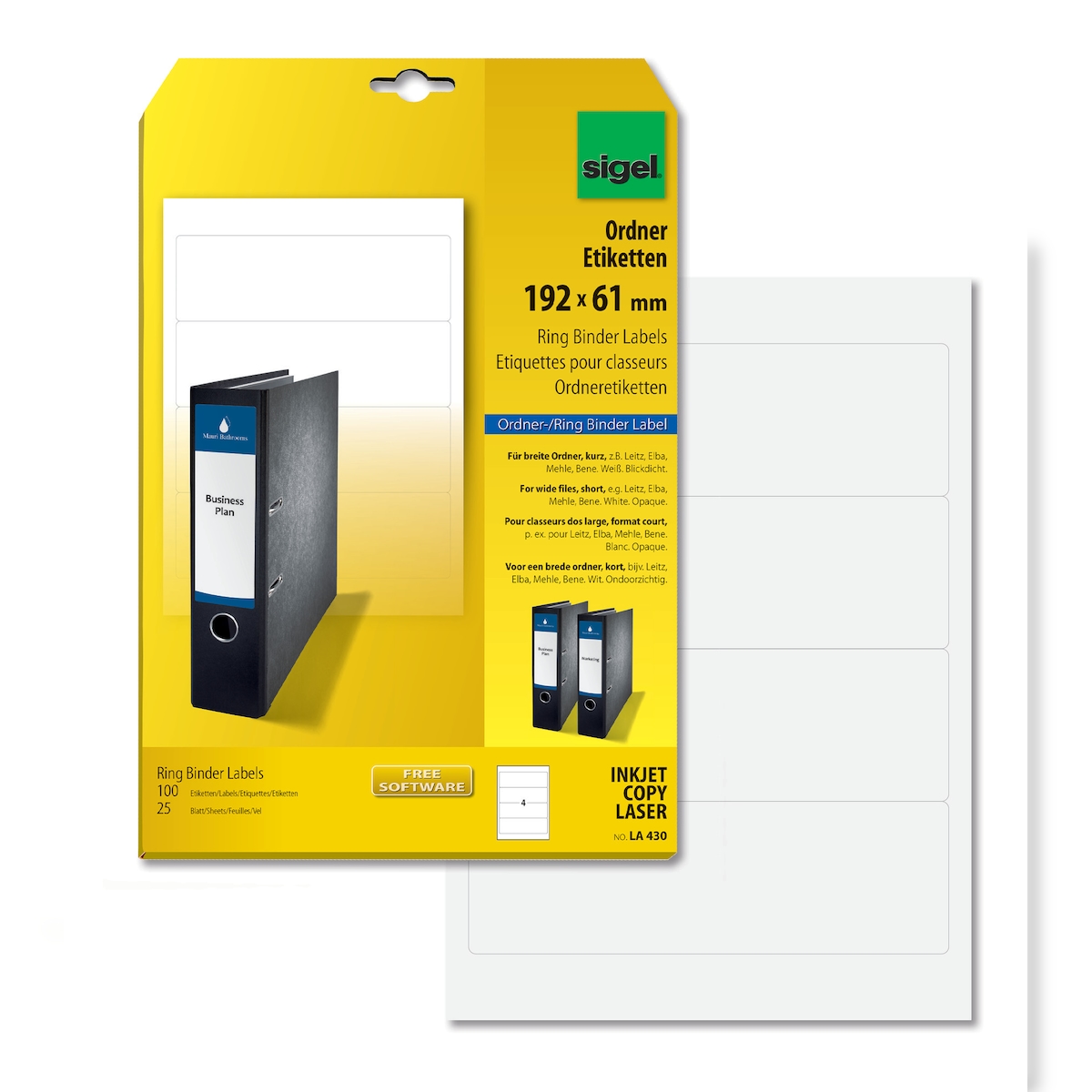 Sigel LA430 Ordner-Etiketten, für breite Ordner, kurz, 192 x 61 mm, weiß, blickdicht, 100 Etiketten Image