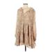 Dress Forum Casual Dress - Mini V-Neck Long sleeves: Tan Print Dresses - Women's Size Medium - Print Wash