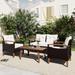 4-Piece Outdoor Garden PE Rattan Seating Set, Backyard Conversation Set Poolside Sofa Chair Set with Wood Table and Legs