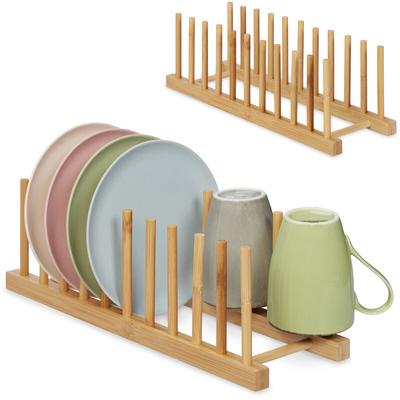 Relaxdays Tellerständer 2er Set, je für 10 Teller, Topfdeckel, Schneidebretter, Bambus Image
