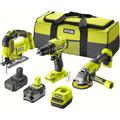 Ryobi Kit 3 Utensili 18V: Trapano Avvitatore Brushless, Seghetto Alternativo, Smerigliatrice da