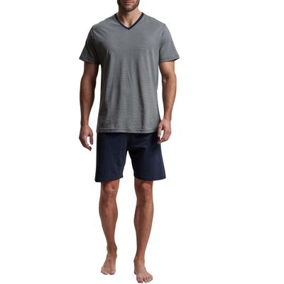 Shorty BUGATTI "Genua", Herren, Gr. 54, blau (blau, dunkel, allover), Single Jersey, Obermaterial: 100% Baumwolle, unifarben, gemustert, casual, schmal kurz, V-Ausschnitt, Kurzarm, Homewear-Sets, V-Ausschnitt, Kurzarm, kurze Hose, weich, bequem Image