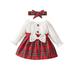 Infant Baby Girls Fall Dress 2Pcs Set Long Sleeve Round Neck Plaid Print Patchwork Dress A-Line Dress with Bow Headband