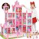 Big Doll Houses for Girls, Playhouse 4-Story 11 Rooms with 4 Dolls & Furniture Accessories & Flashing Lights, Princess Doll House Toy Toddler Birthday Gift for 3 4 5 6 7 8 Year Old (Pink)