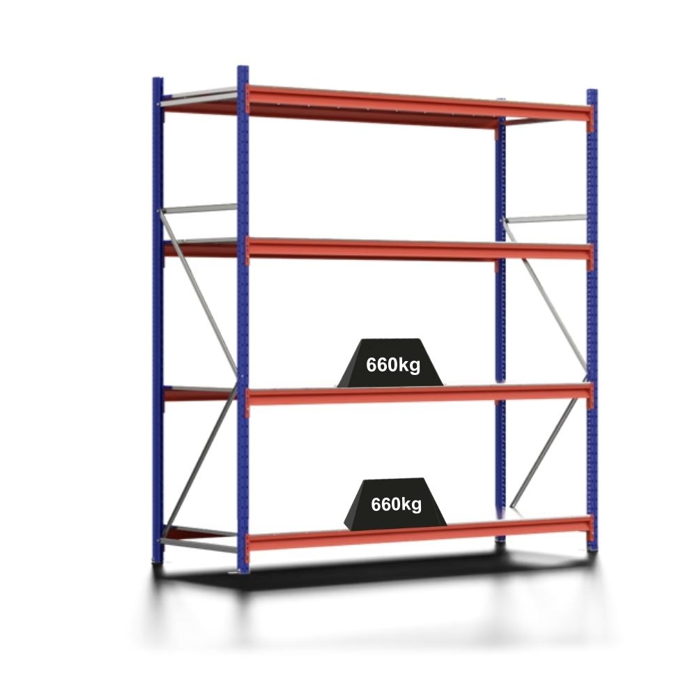 PROREGAL Weitspannregal MOOSE Stecksystem Omega-Profil, Grundregal, HxBxT 250x222x80cm, 4 Ebenen, Stahlplatten-Fachboden, Fachlast 660kg, Blau/Orange Image