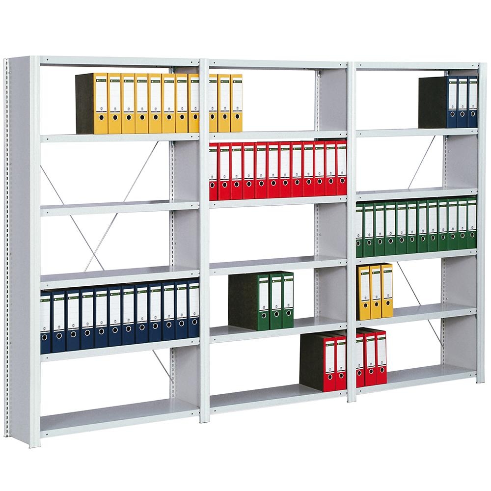 PROREGAL Büro-Fachbodenregal FALKE Stecksystem mit Seitenwand | Grundregal | HxBxT 232x128x60cm | 7 Stahlfachboden | Einseitig nutzbar | Lichtgrau Image