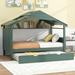 Wood Twin Size House Bed with Twin Size Trundle and Storage, Green