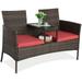Patio Conversation Set Outdoor Patio Loveseat Rattan Chair Set with Cushions and Built-in Coffee Table Porch for Garden Lawn Backyard (Brown/Red)