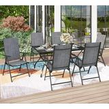durable VILLA 7 PCs Outdoor Patio Dining Set 6 Adjustable Folding Reclining Sling Chair with Armrest & 1 Rectangle Patio Dining Table with 1.57 Umbrella Hole (Black)